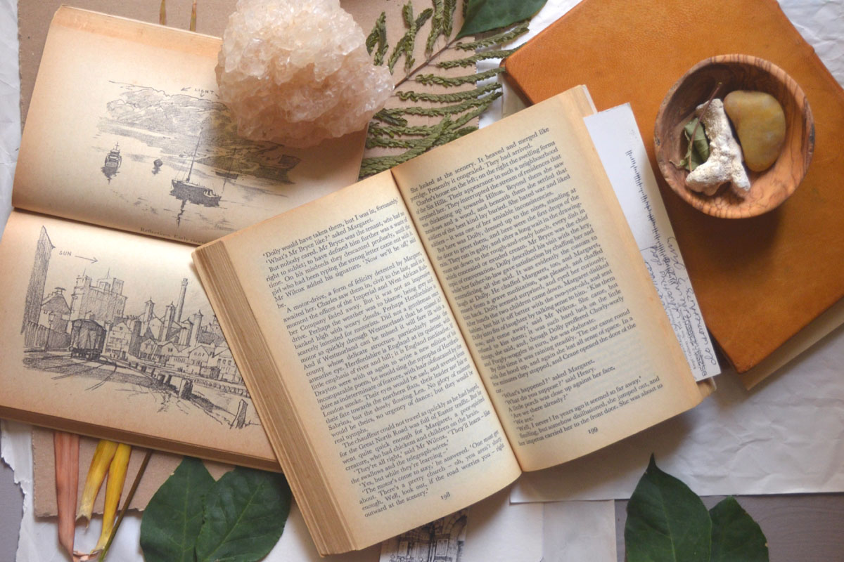 An open book on a clean desk surrounded by smooth river rocks and green botanical leaves, representing a mindful and focused slow living workspace.