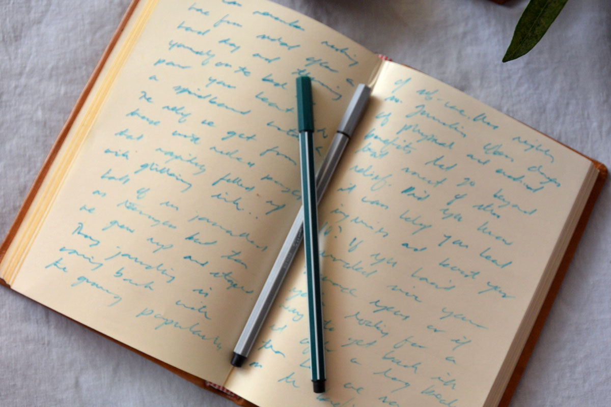 A journal lays open on a desk with two pens on top.