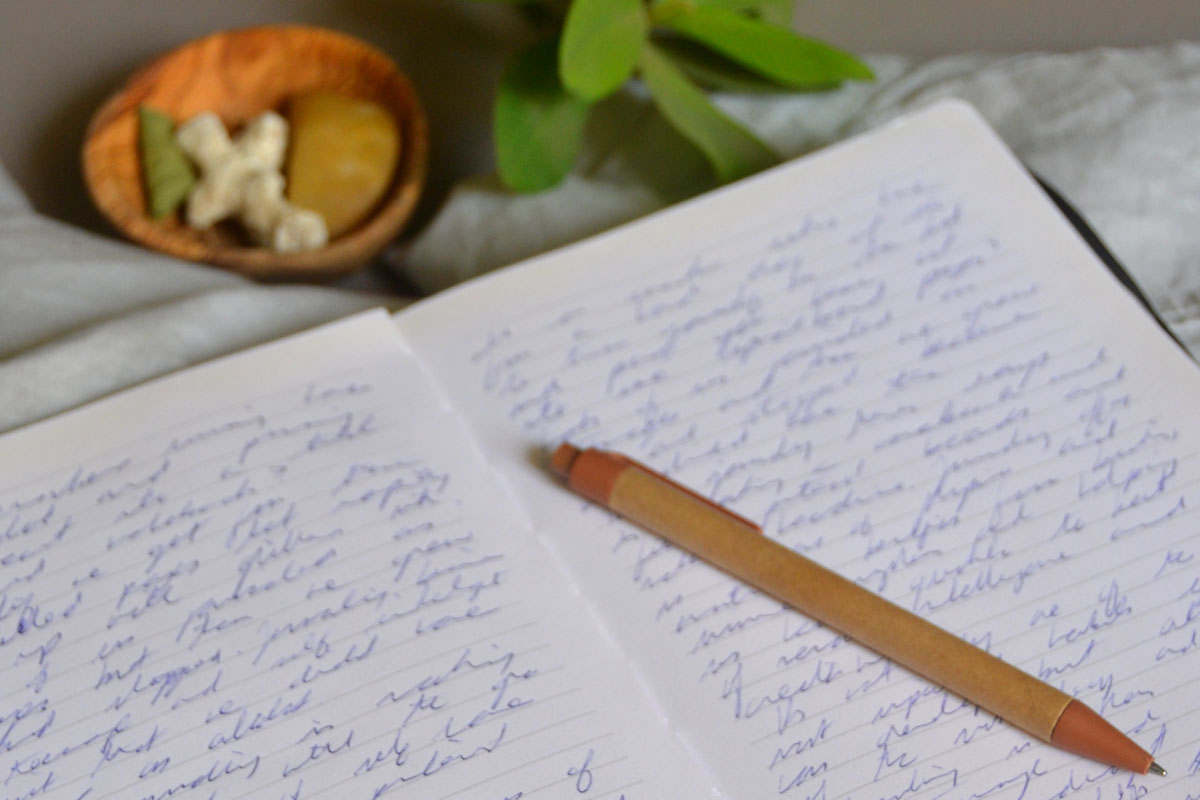 A journal lays open filled with handwriting with a brown pen on top.
