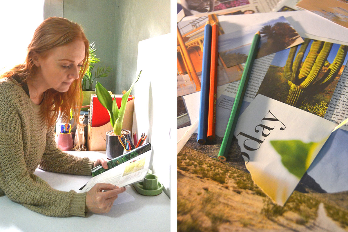 Dee looks at a magazine and other materials used to make a vision board.