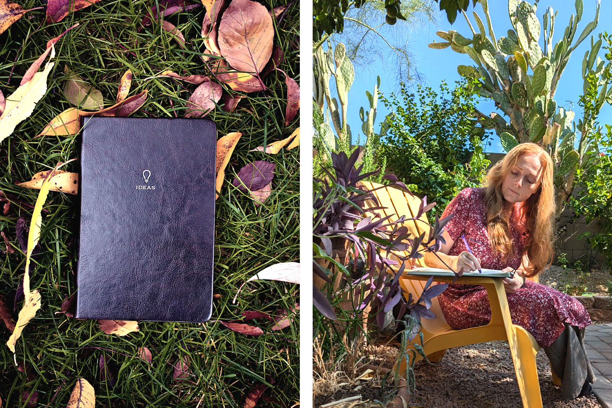 Dee sits in a garden full of cacti writing in her nature journal.