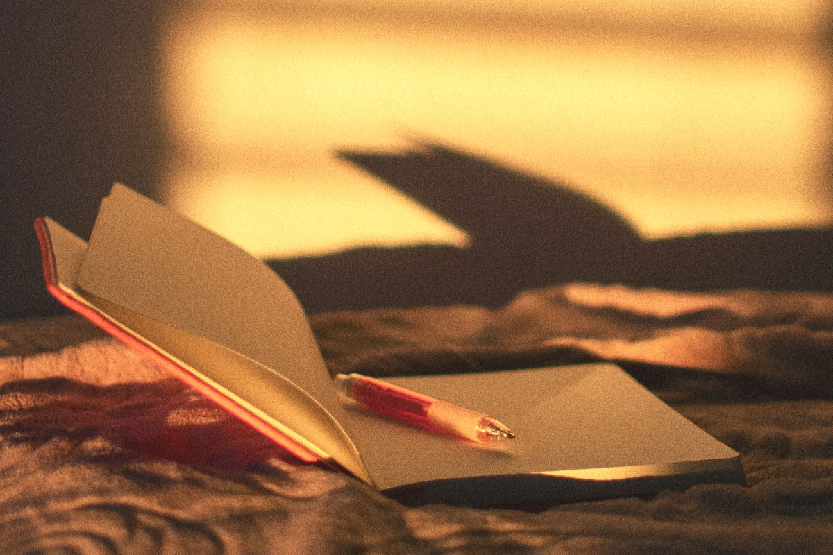 A journal lays open against a background of a sunlit wall.