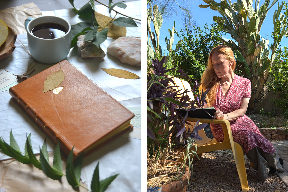 Dee sits in a garden writing in her journal.