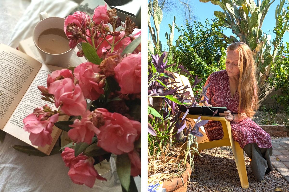 Dee sits in a garden and writes in her journal.