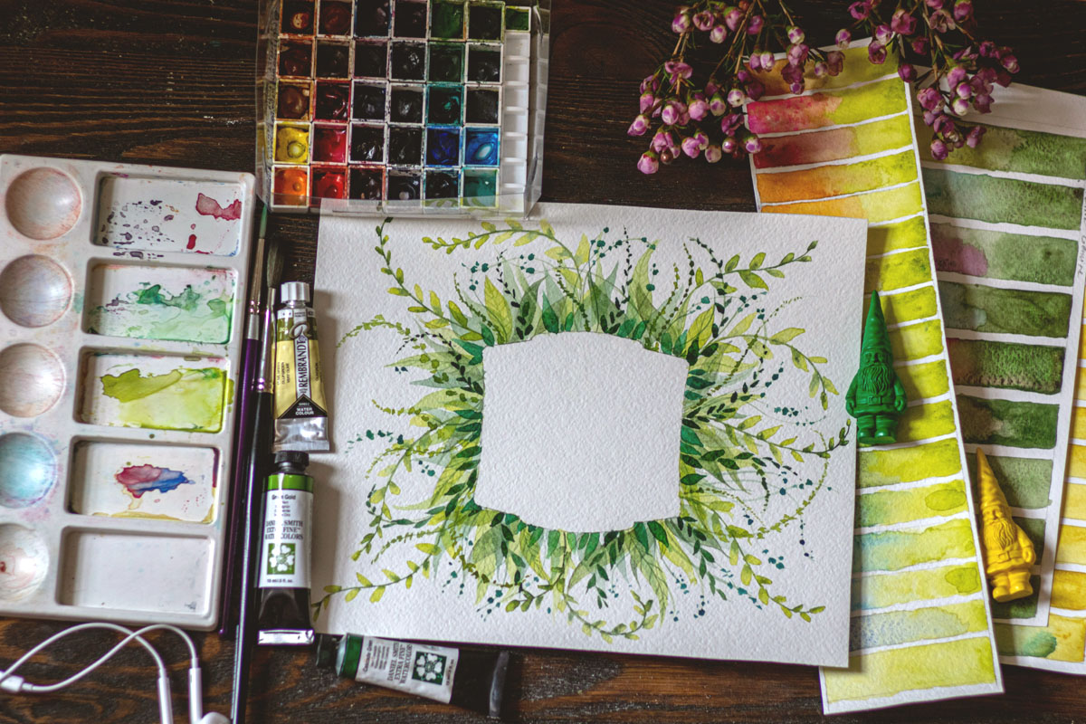 A watercolor sketch of some leaves and greenery during the spring equinox.