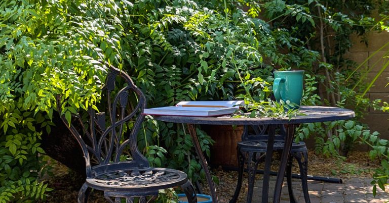 A journal and coffee mug lay on a patio table surrounded by leaves.