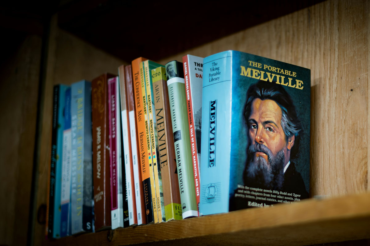 A row of books by Herman Melville in an analog life lined up on a wooden book shelf.