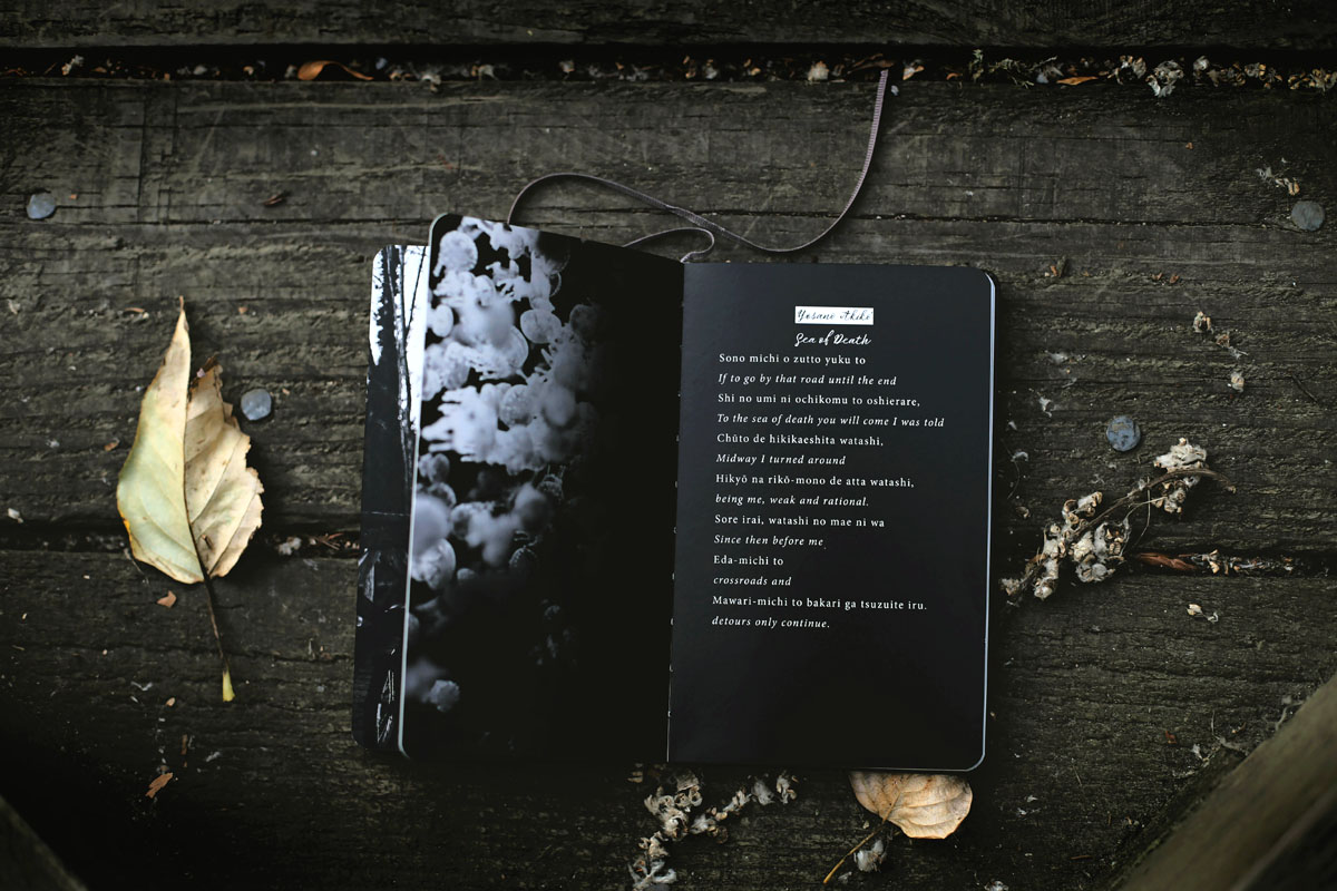 A book of poetry lays open on a dark table next to a yellow leaf. 