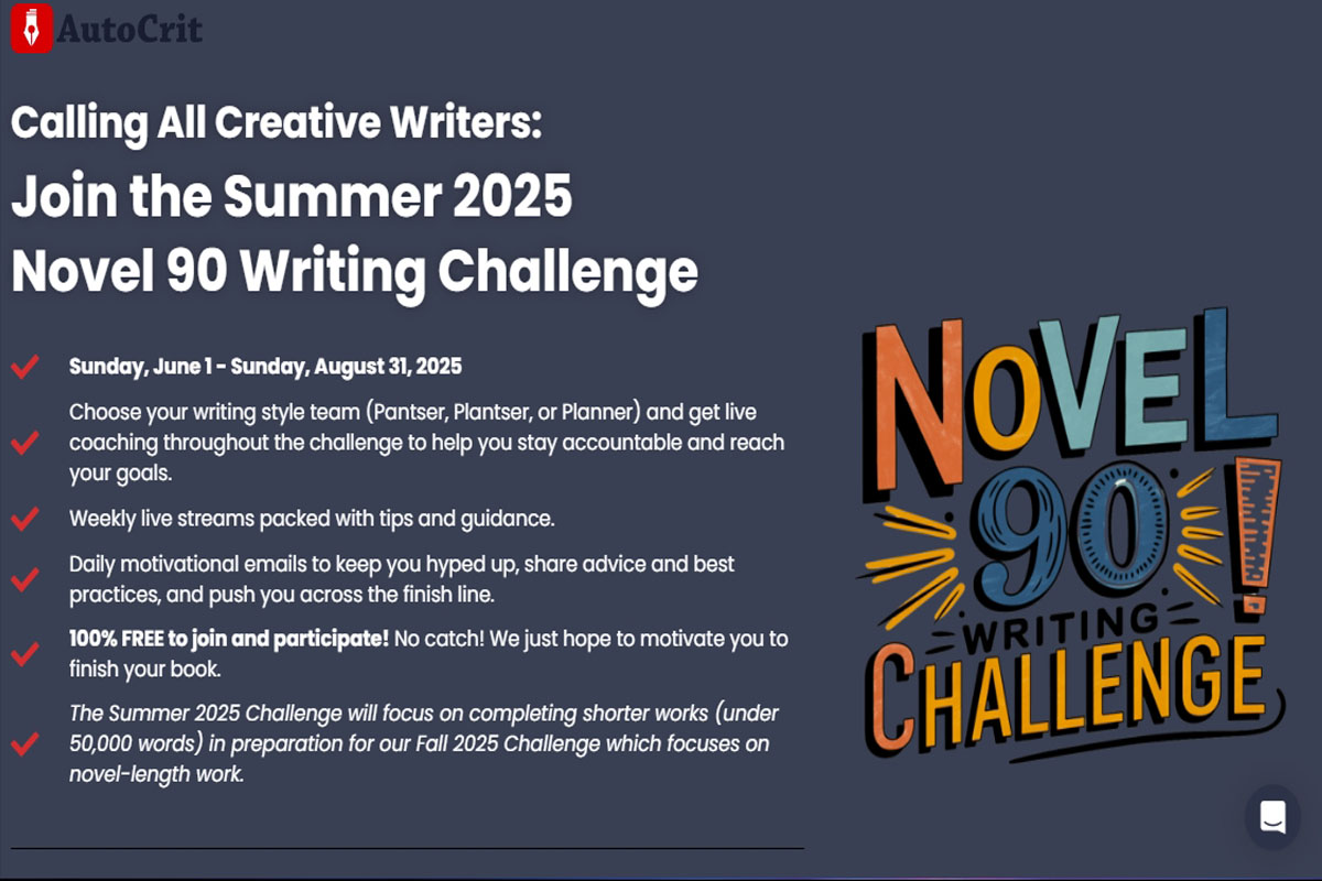 The website of the AutoCrit Novel 90 Writing Challenge with dark blue background and a colorful logo.