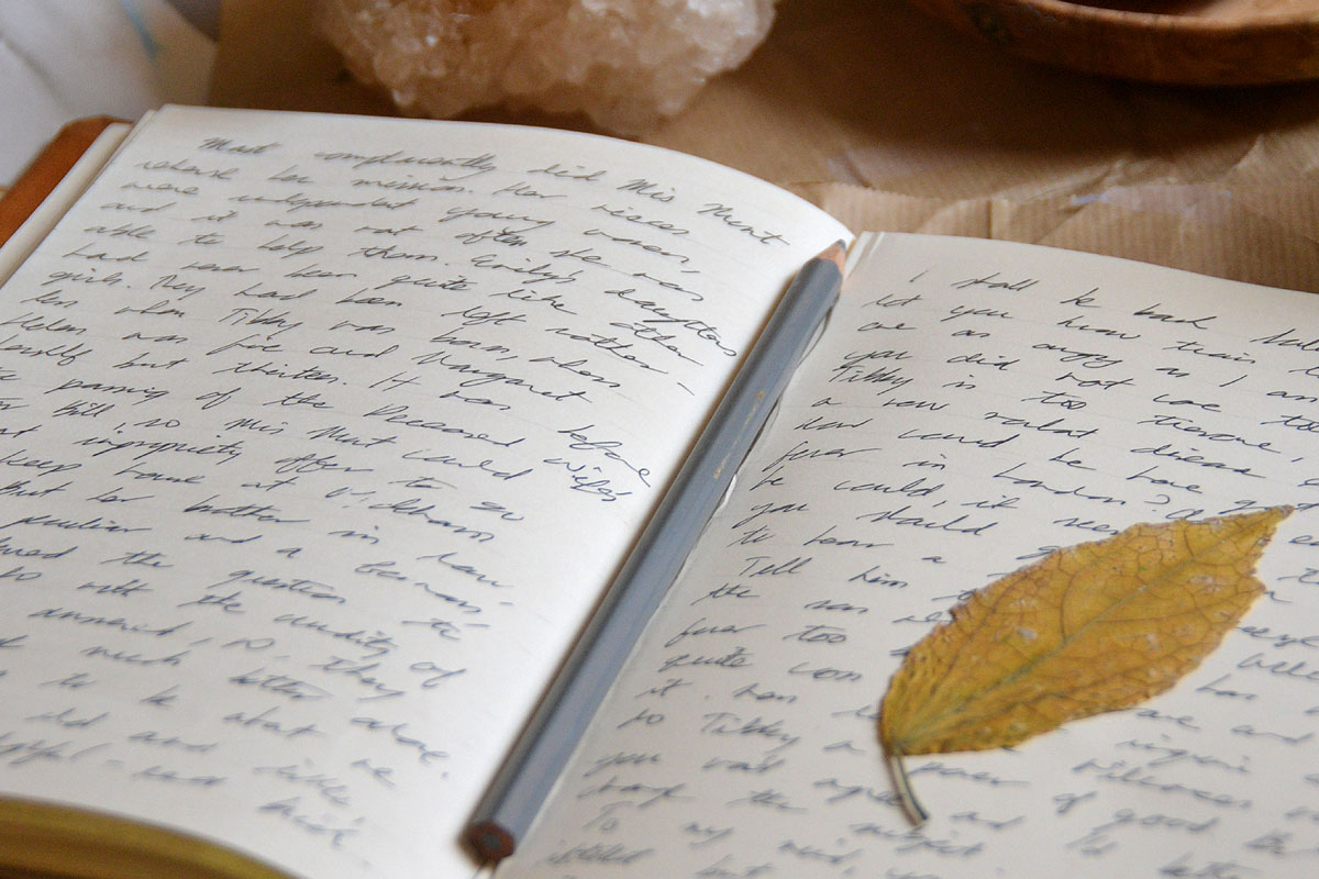 A journal lays open full of handwriting and a yellow leaf on the right page.