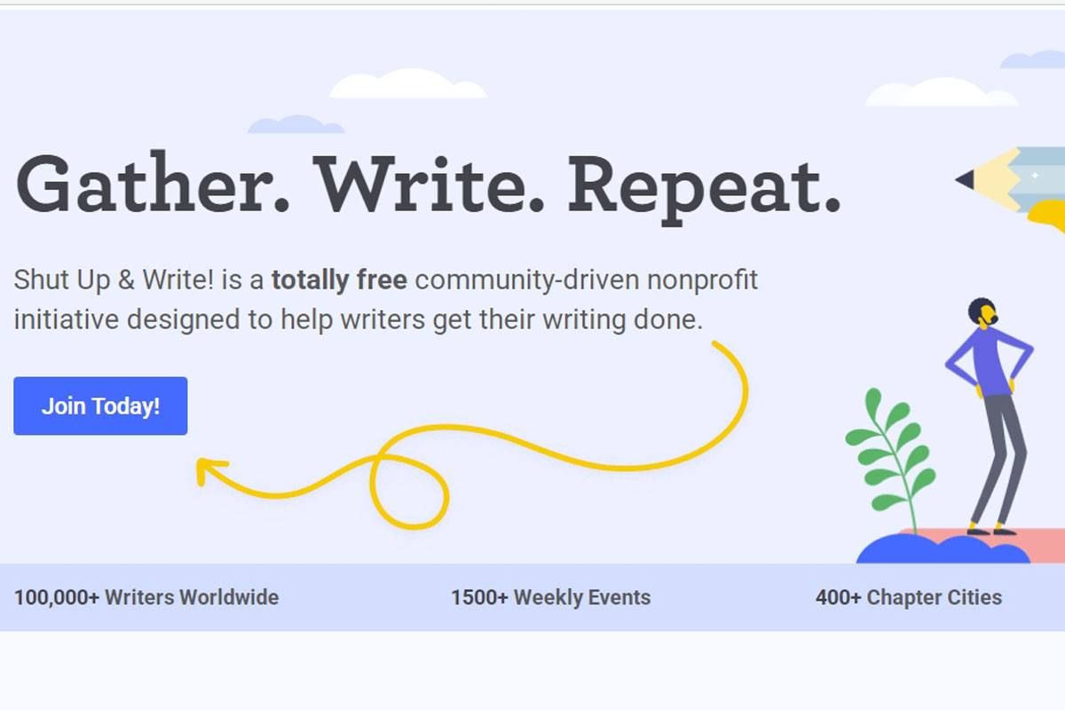 The Shut Up & Write website with a colorful graphic of a man and a large pencil.