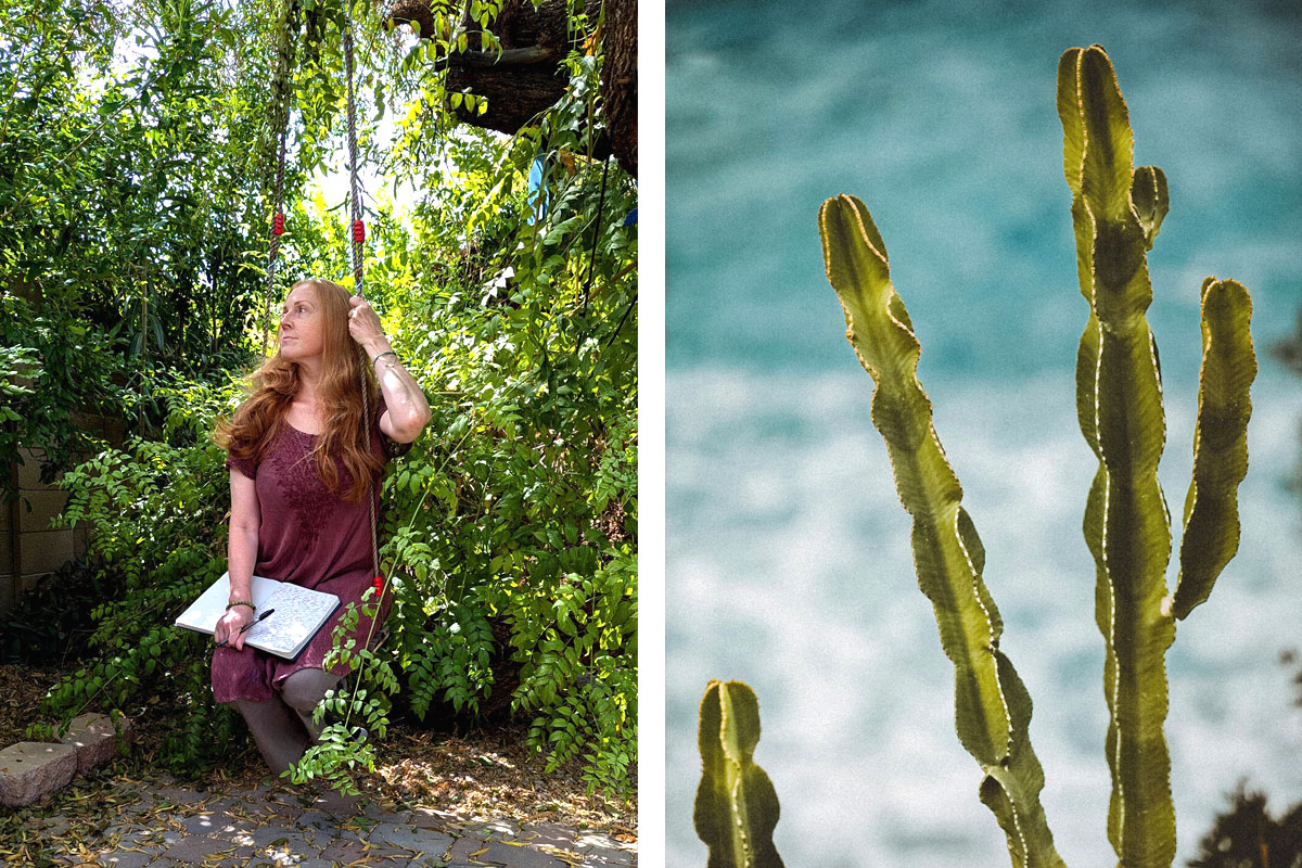 Dee sits in a garden swing and writes in her journal. A cactus is shown in another image alongside. 