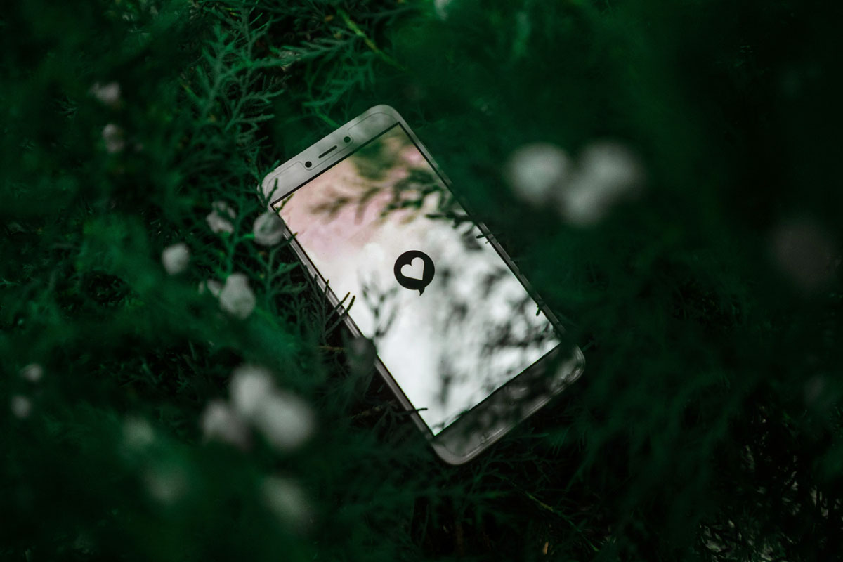 A phone with a heart emoji lays in a cluster of dark grass.