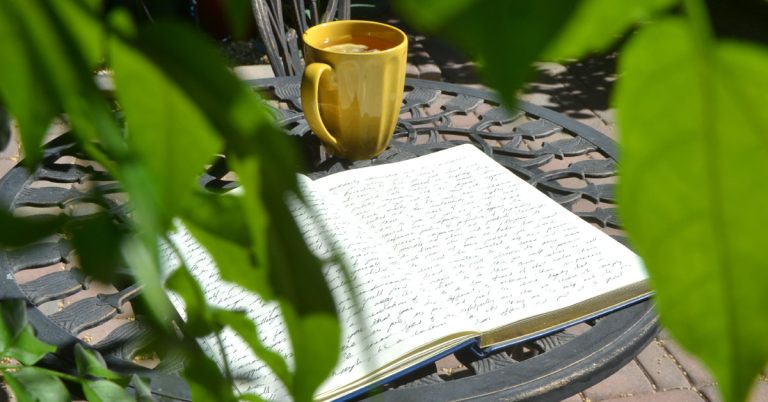 A journal lays open in the sun under a tree next to a yellow mug.