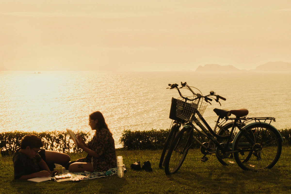 A woman sits in the grass with a man against a backdrop of an ocean with the setting sun.