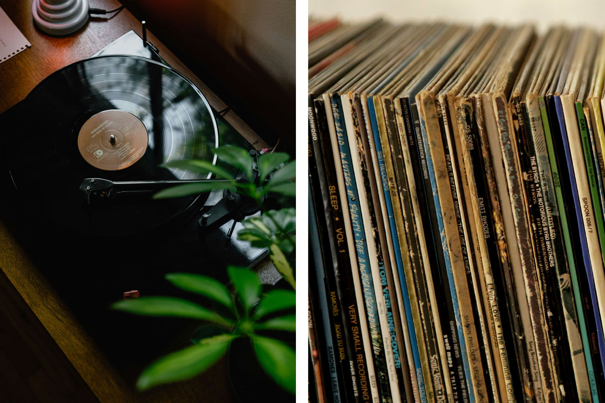 Two images show a vinyl record player and stacks of old battered records beside it.