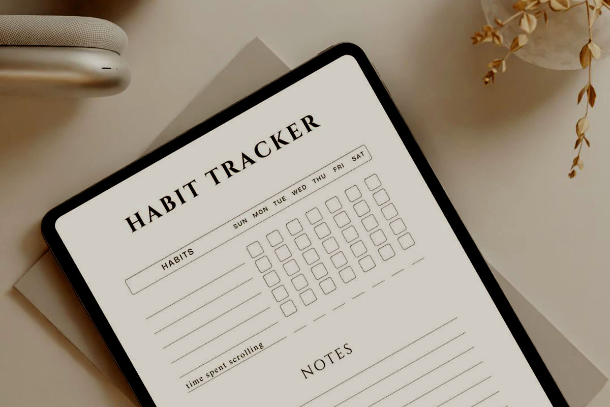 A habit tracker that tracks habits and screen time lays on a white desk.