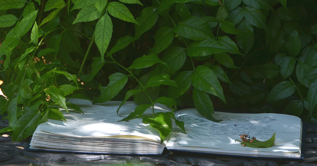 A notebook lays on a patio table.
