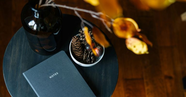 A navy blue journal lays on a dark wooden table with some yellow foliage in the foreground.