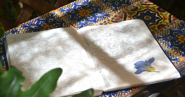 A journal lays open in the sun on a garden table.