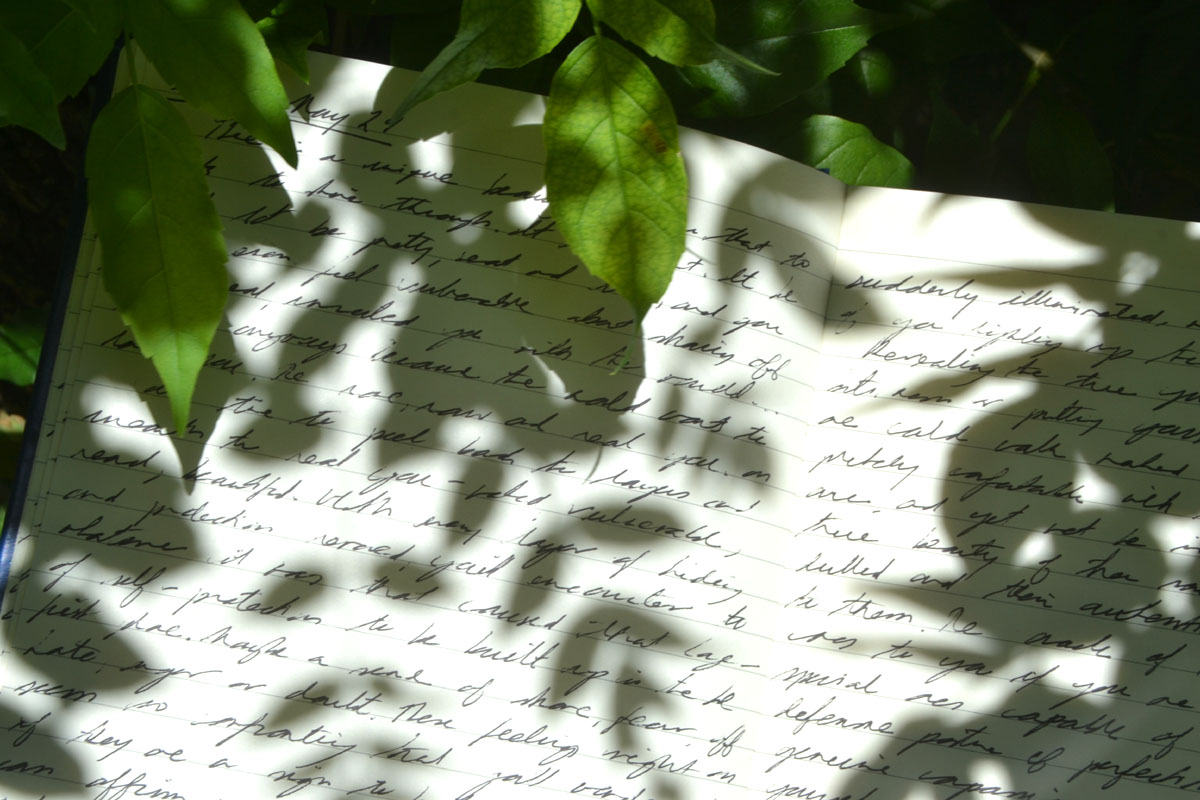 A closeup of a paper journal with cursive handwriting.