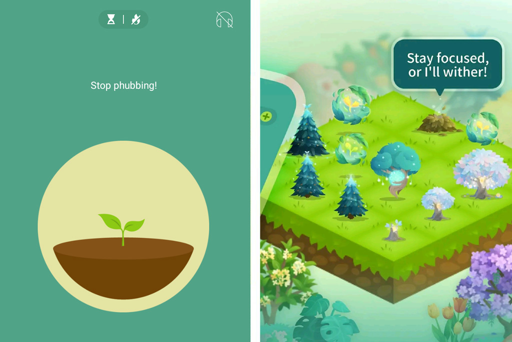 Screenshots from the app Forest, which helps you limit screentime.