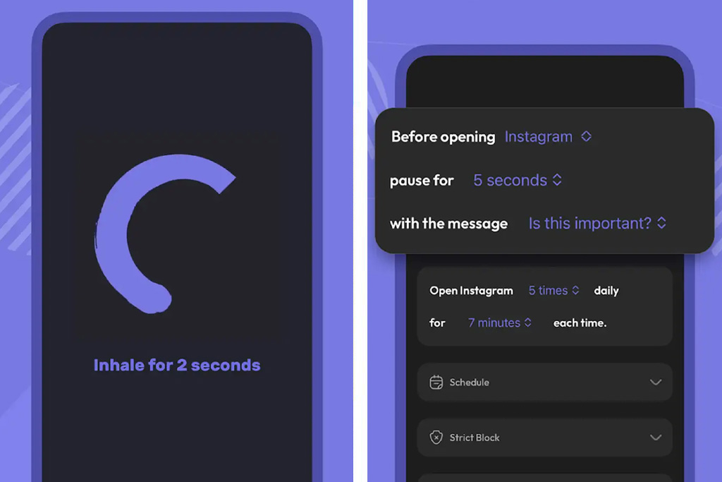 Screenshots from the app ScreenZen, which helps you limit screentime.