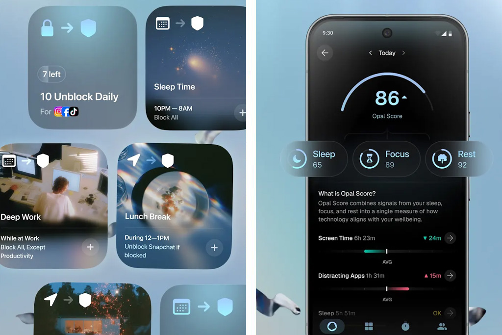 Screenshots from the app Opal, which helps you limit your screentime.
