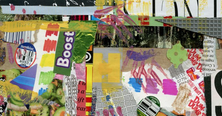 A colorful collage filled with drawings and clippings from the pages of an art journal.