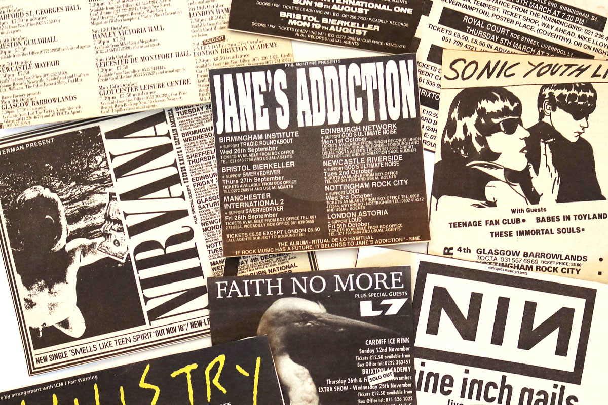 Music posters from the 90s including Jane's Addiction and Faith No More.